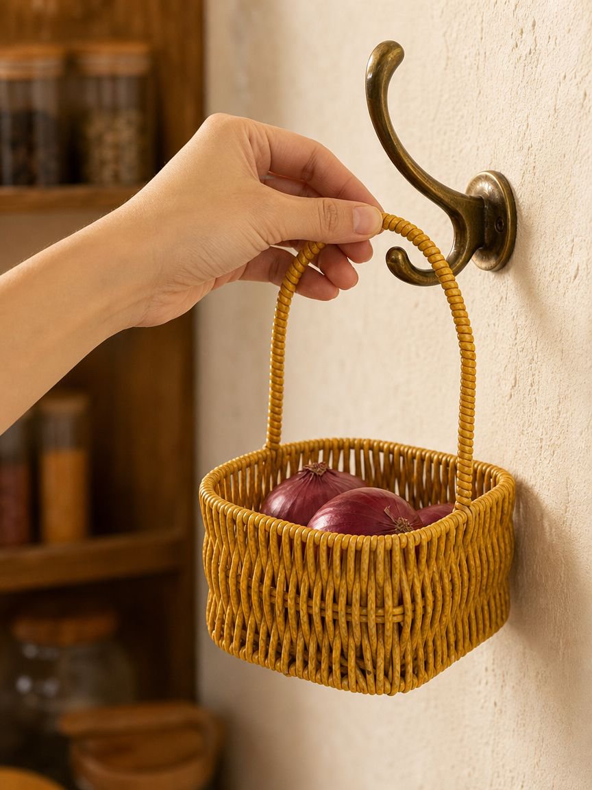 Close-up of rattan-style onion garlic ginger basket