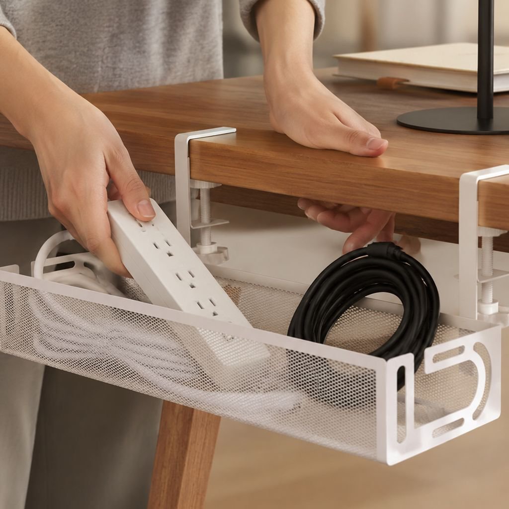 Easy-to-install cable management tray for home office