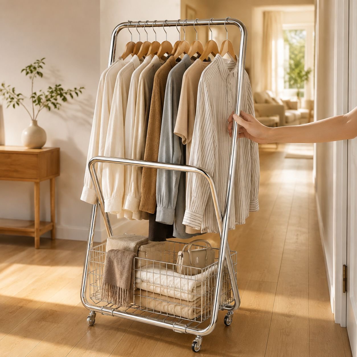 Mobile Floor Clothes Rack with Coat Storage