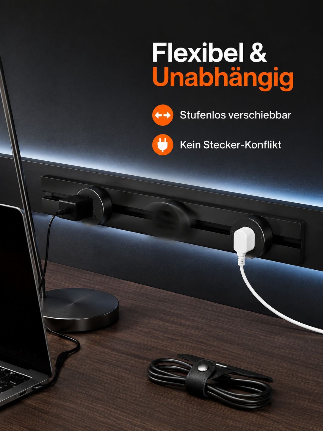 Multifunktionale Steckdosenleiste für den Tisch mit Schiene