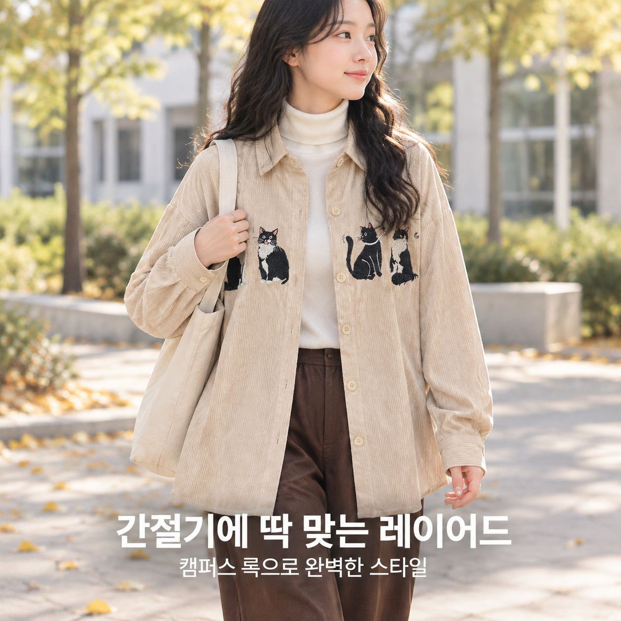 가을겨울 미국 빈티지 루즈핏 재미있는 고양이 자수 코듀로이 긴팔 셔츠