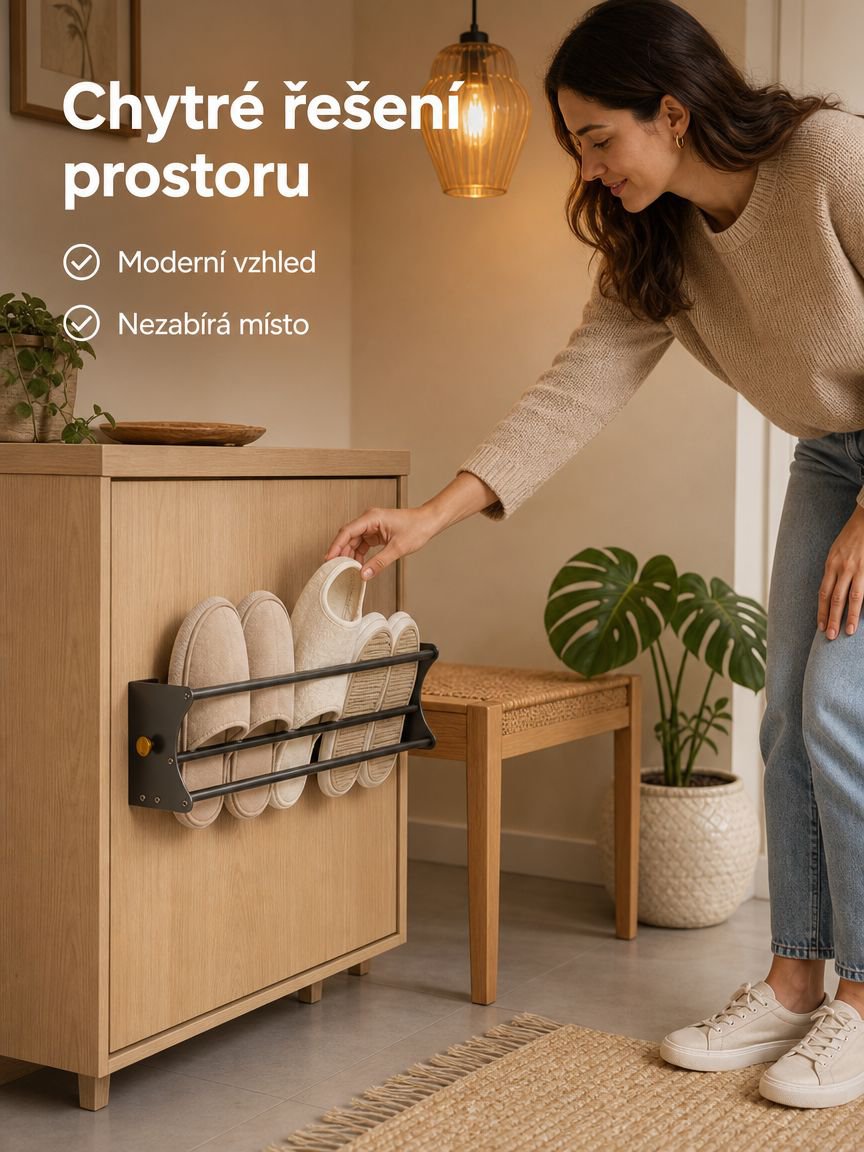 Bezvrtací nástěnný magnetický držák na pantofle pro vnitřní použití