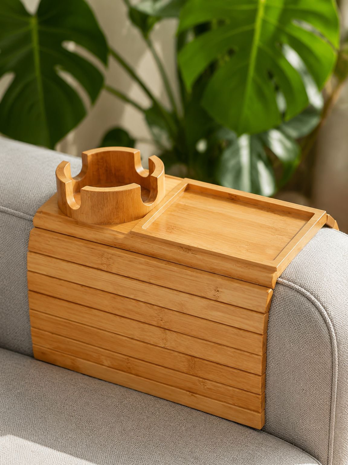 Plateau en bois pliable installé sur accoudoir de canapé pour salon moderne