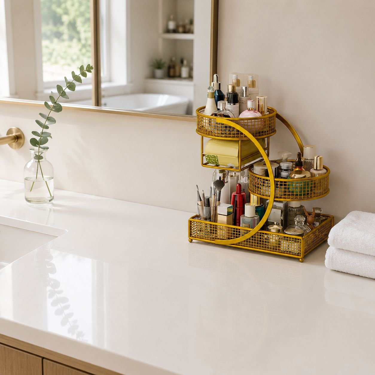 Neatly Arranged Cosmetics in Bathroom Organizer
