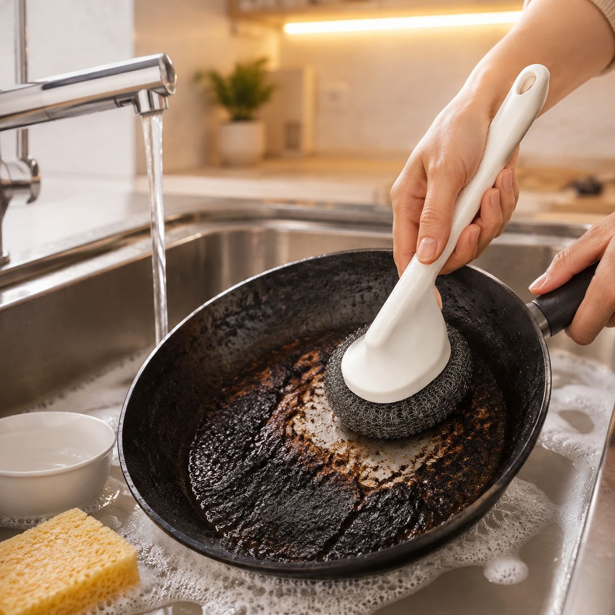 Esfera de acero inoxidable para limpieza profunda en la cocina