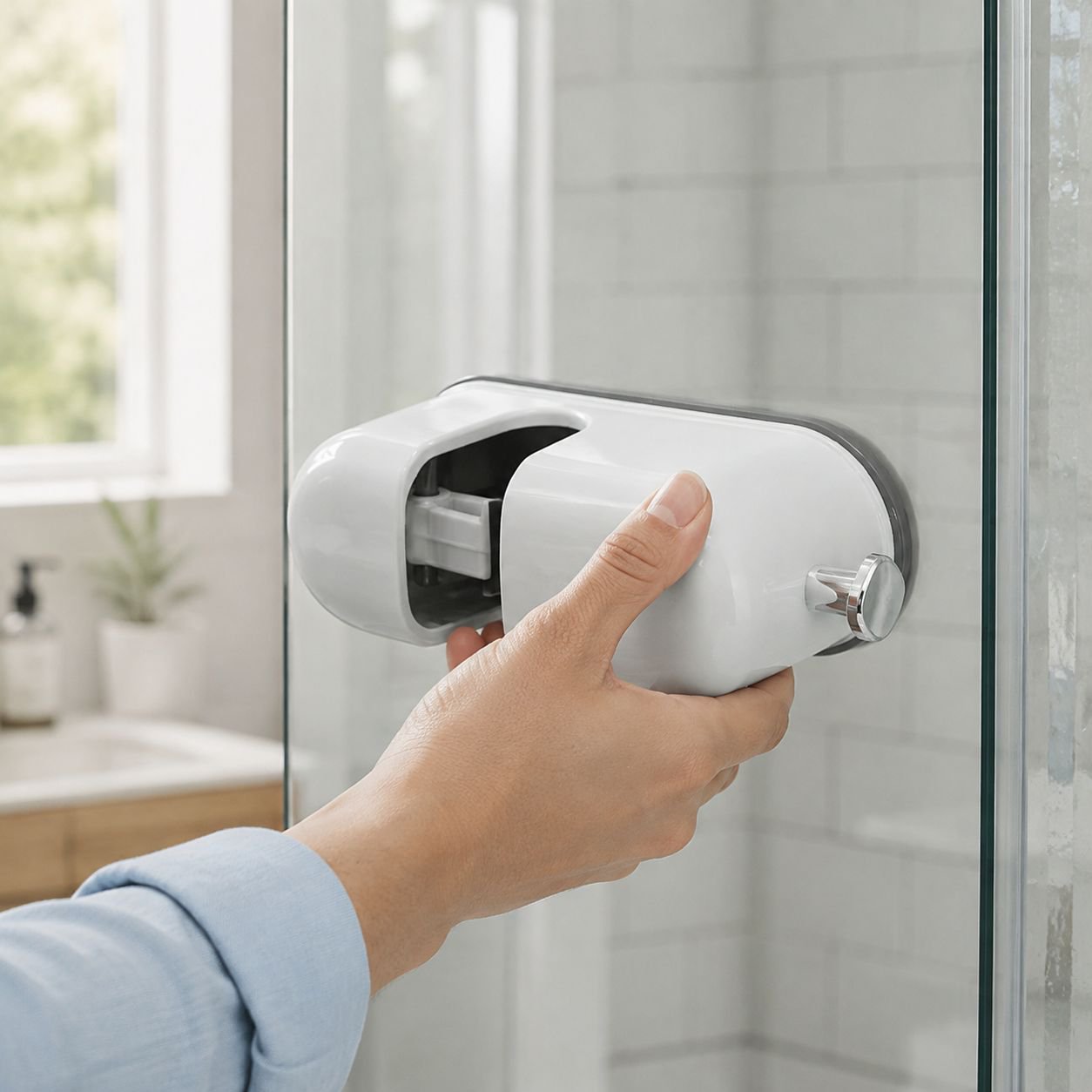 Wall-mounted stainless steel mop clip with no-drill suction cup design