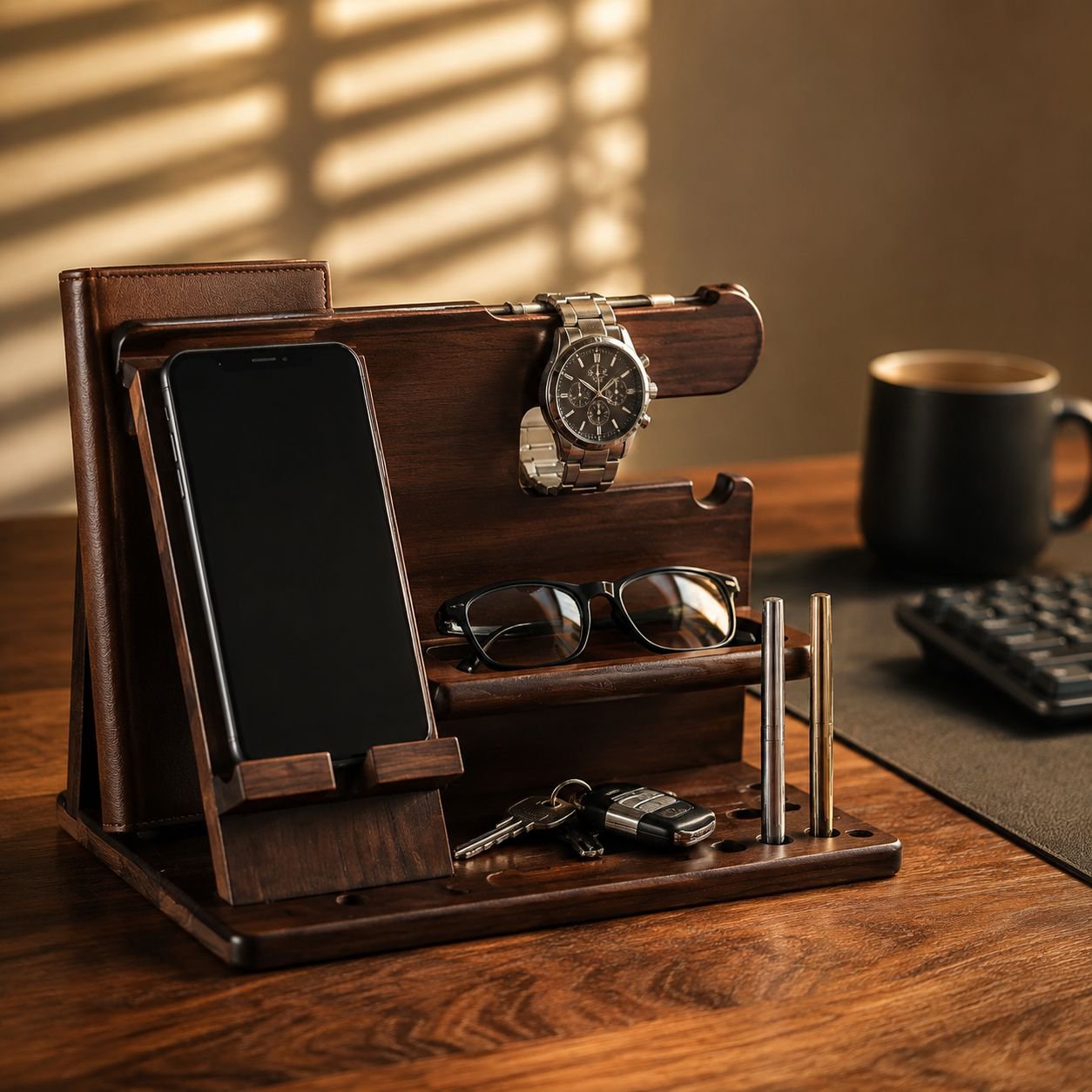 Office Desktop Solid Wood Phone Stand Key & Watch Storage Organizer