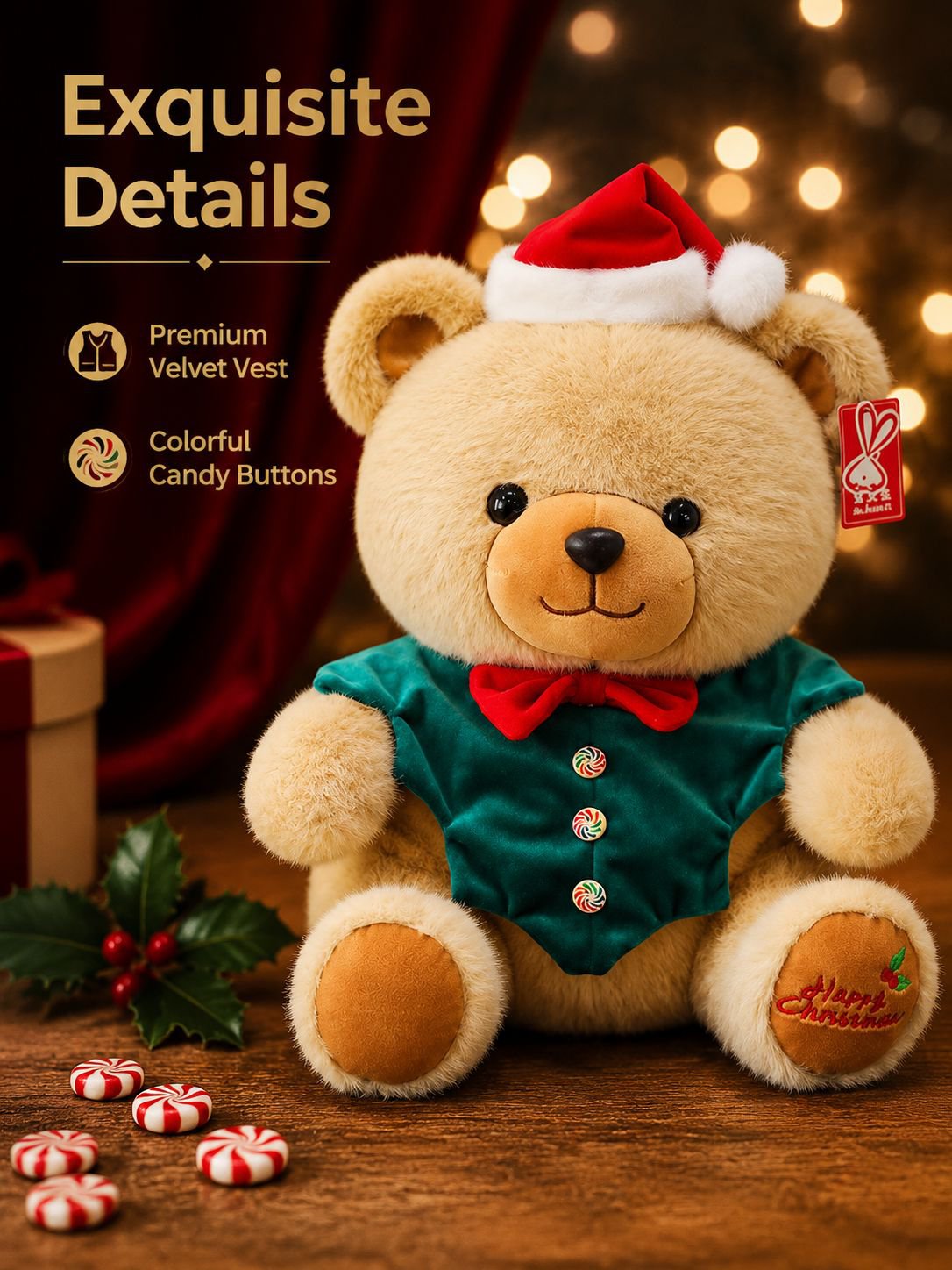 Cute Cartoon Christmas Bear Plush Toy, Soft and Adorable