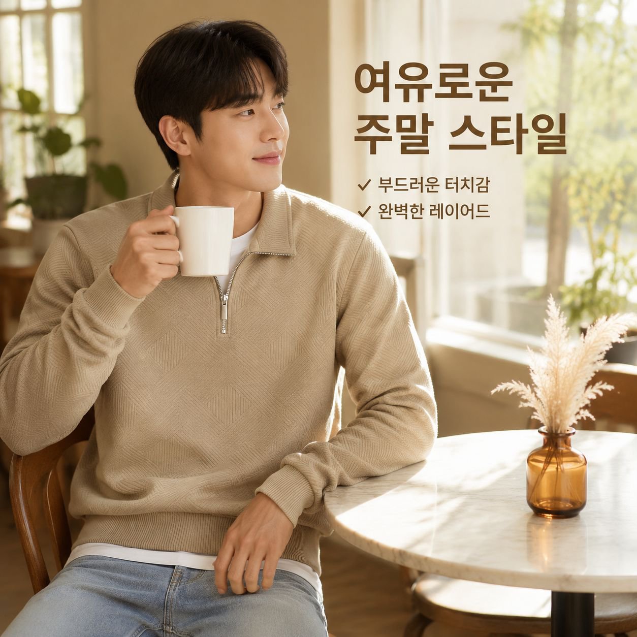 남성용 긴팔 자카드 스웨트셔츠, 하프 지퍼 및 턴다운 칼라