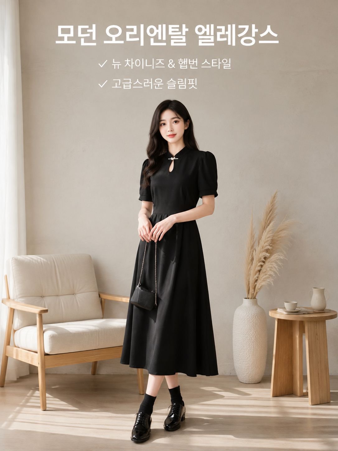 여름 여성의류 국풍 트임 롱스커트 블랙원피스 뉴 차이나 티스커트 햅번원피스