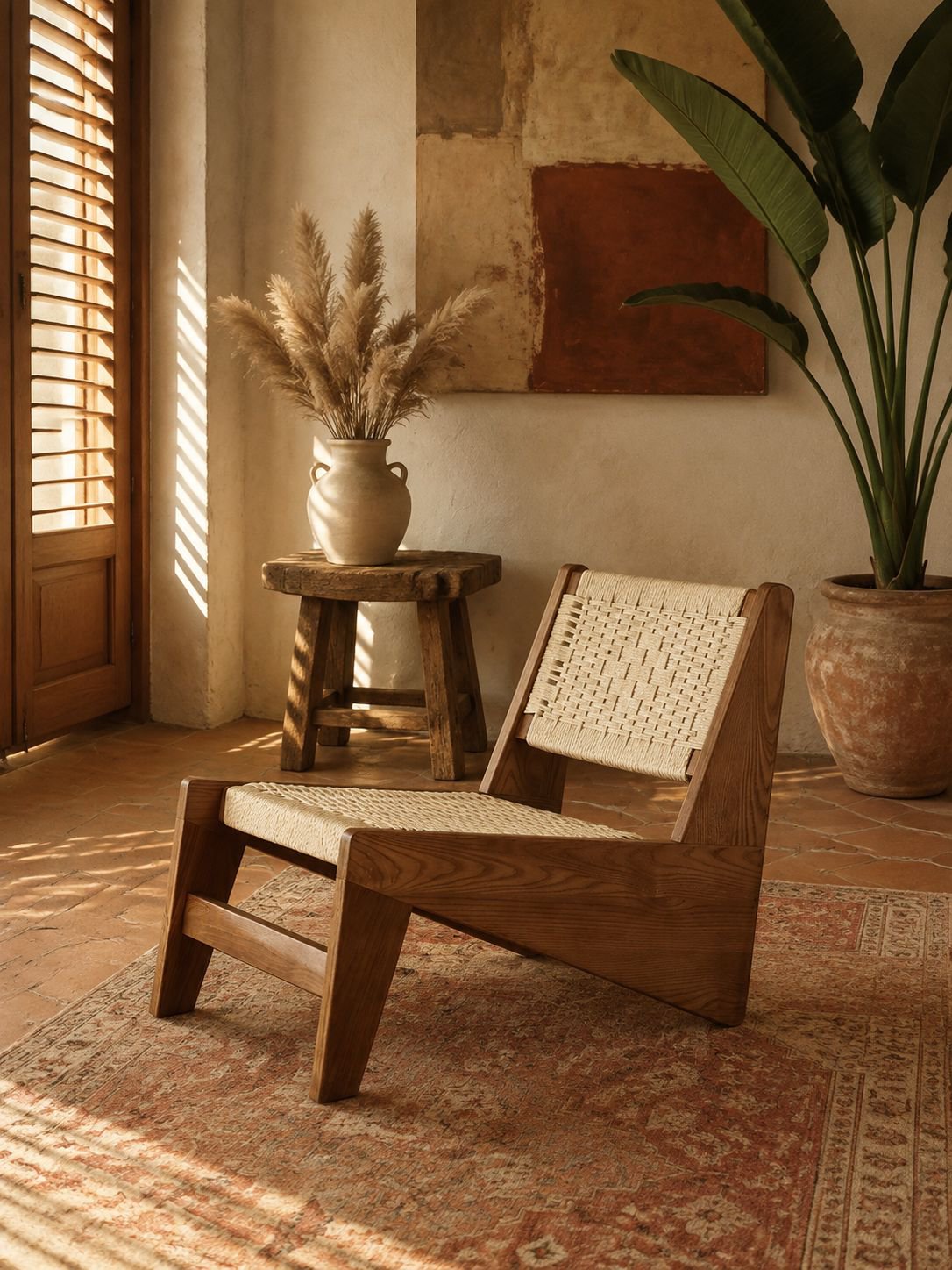 Fauteuil de salon en bois massif style vintage wabi-sabi