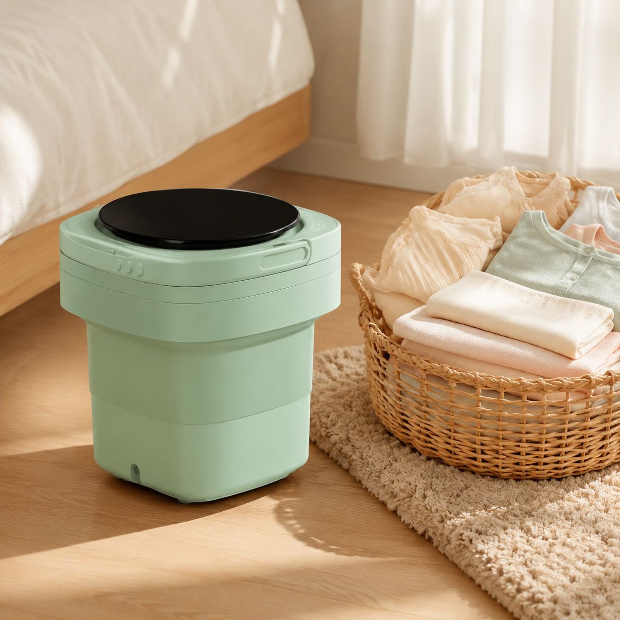 Folding washing machine in compact folded state