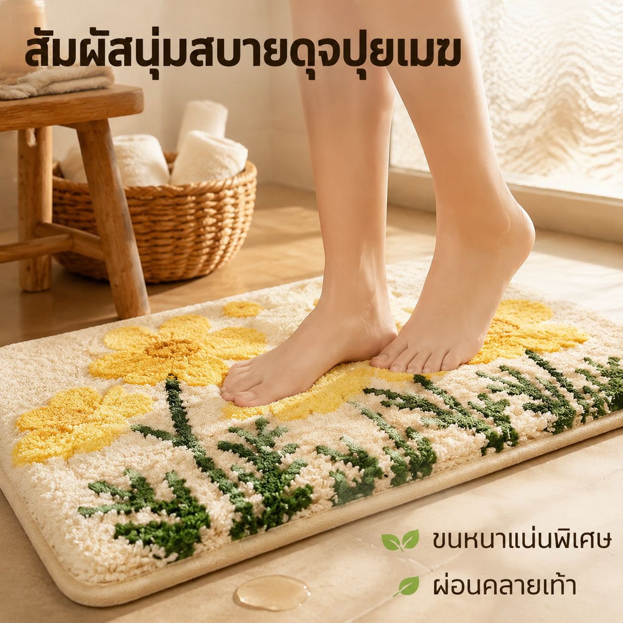 พรมเช็ดเท้าห้องน้ำลายดอกไม้ ขนสูงต่ำ กันลื่น ซับน้ำได้ดี
