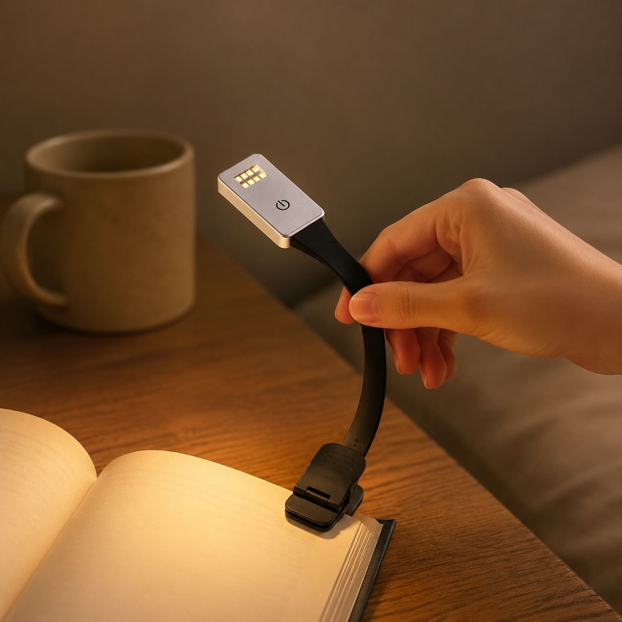 Rechargeable mini book light showing charging port