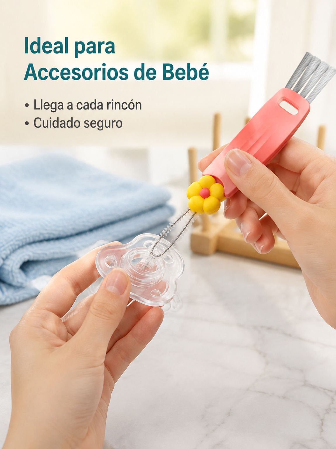 Cepillo limpiador multifuncional en forma de pétalo para tapas de vasos, ranuras y biberones