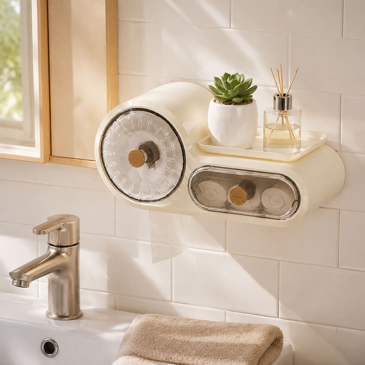 No-drill shelf used in kitchen for spices and utensils