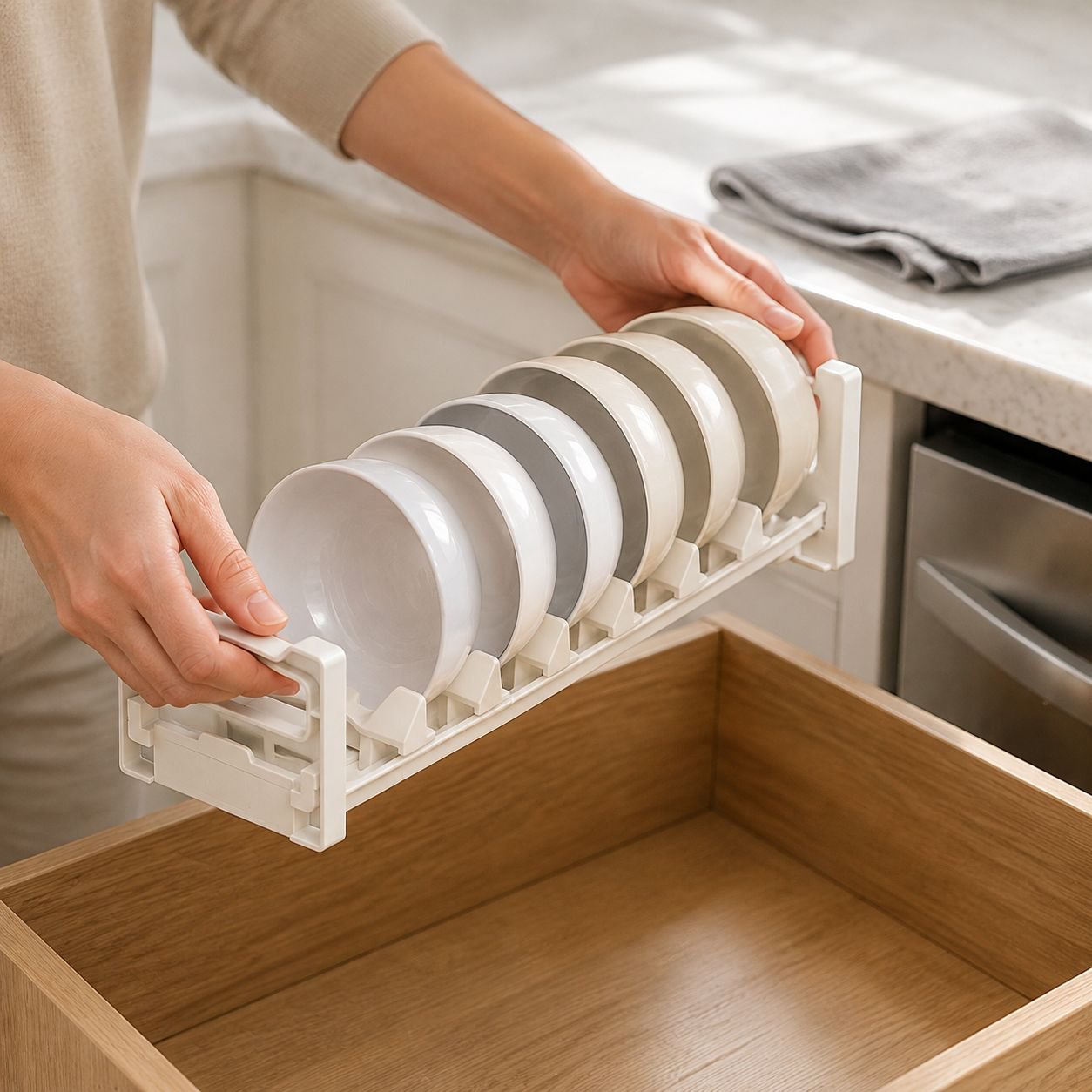 Easy-access kitchen cabinet dish storage solution