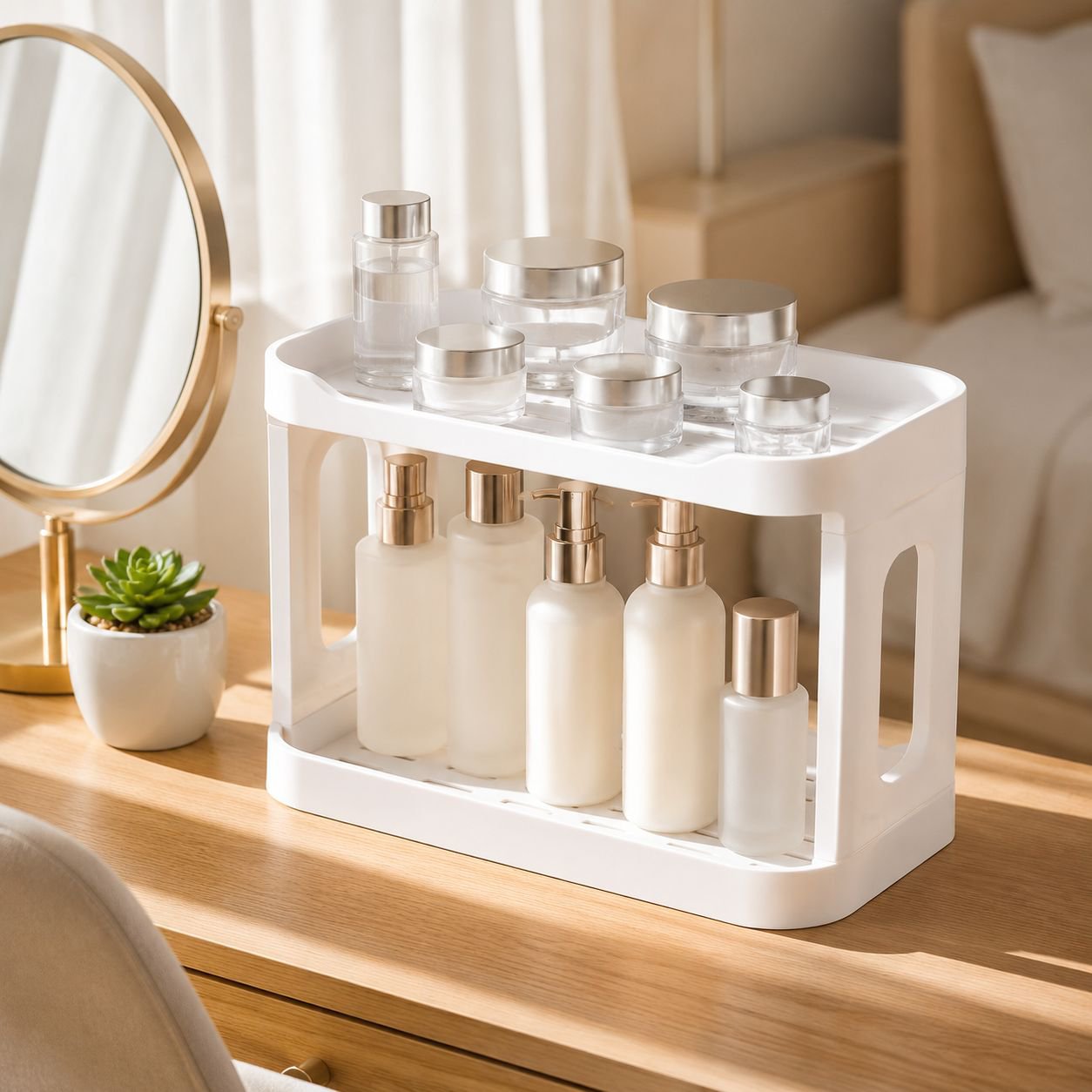 Double-layer desktop organizer rack for bathroom essentials