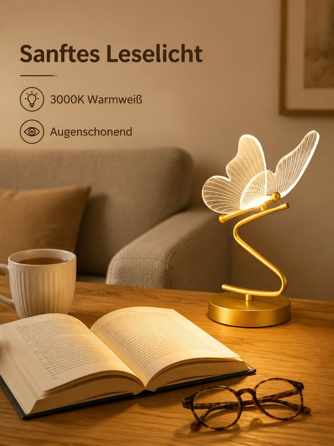 Kreative Tischlampe im nordischen Stil mit Schmetterlingsdesign, wiederaufladbare Nachttischlampe