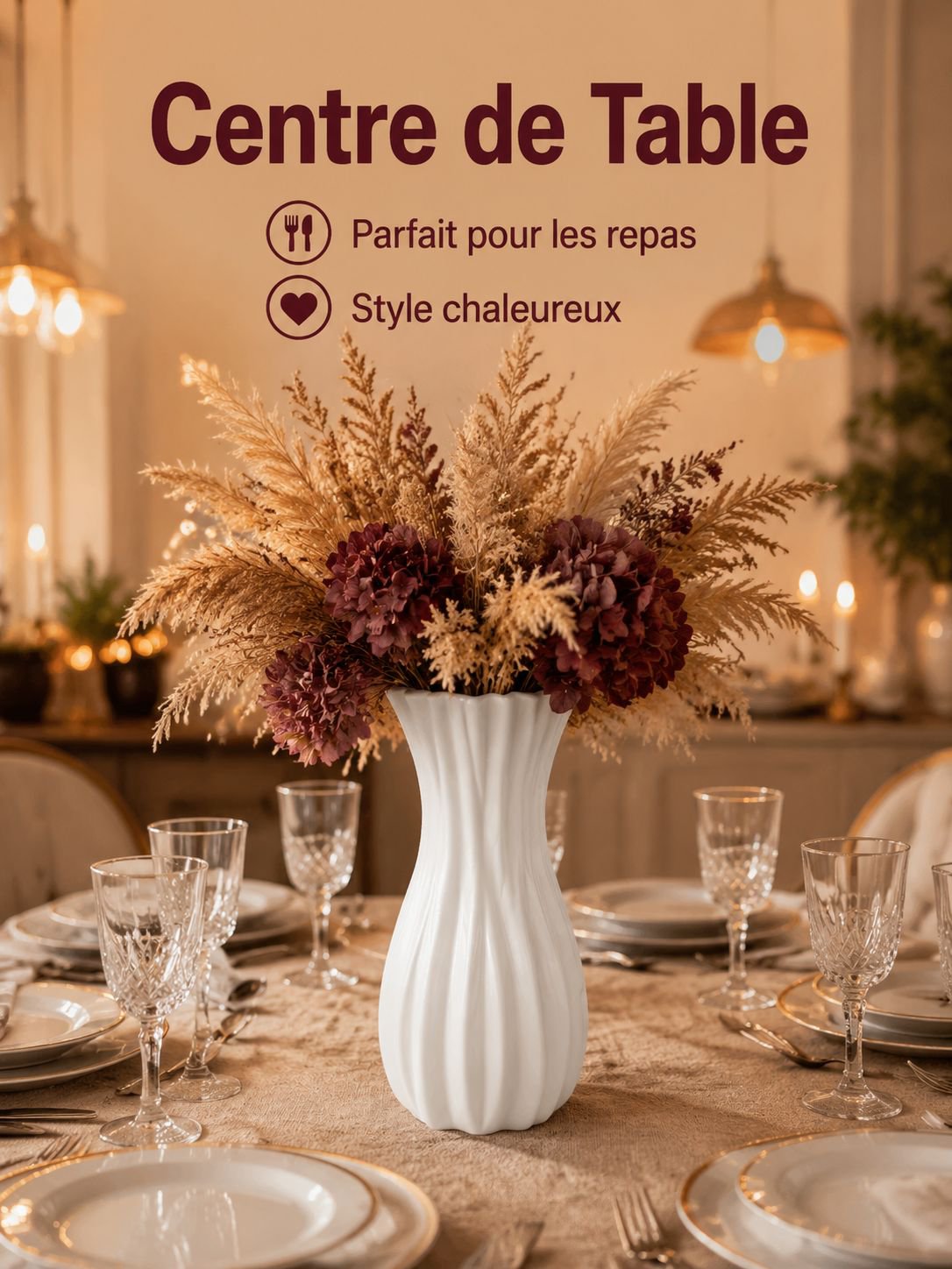 Vase sur pied en plastique style français avec fleurs artificielles rétro pour décoration intérieure