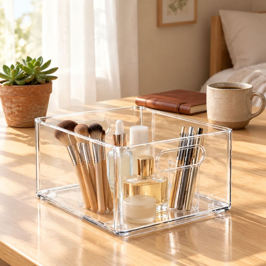Caja organizadora transparente multifuncional para artículos diversos y snacks, cesta de escritorio