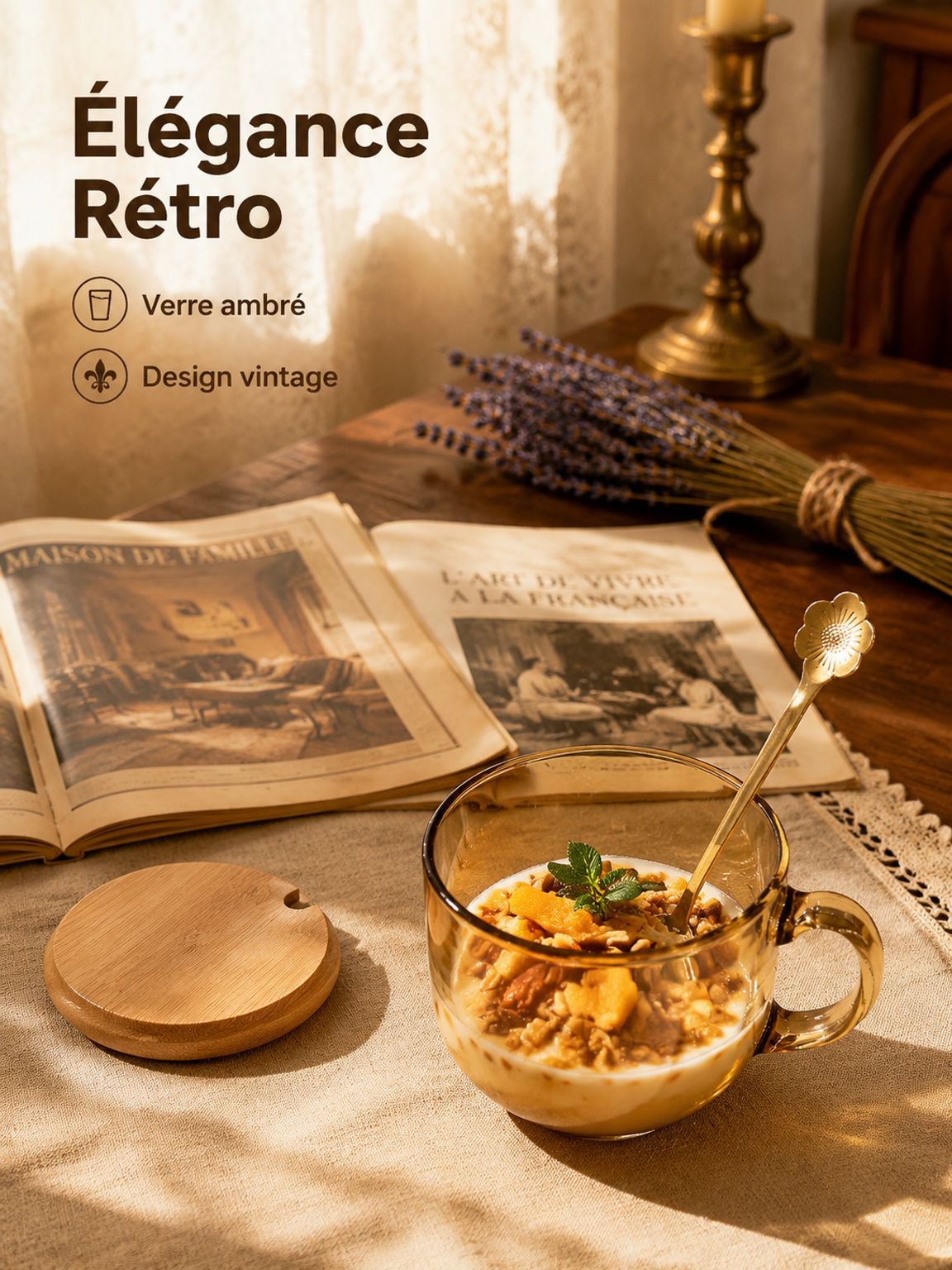 Verre à petit-déjeuner grande capacité avec couvercle et cuillère
