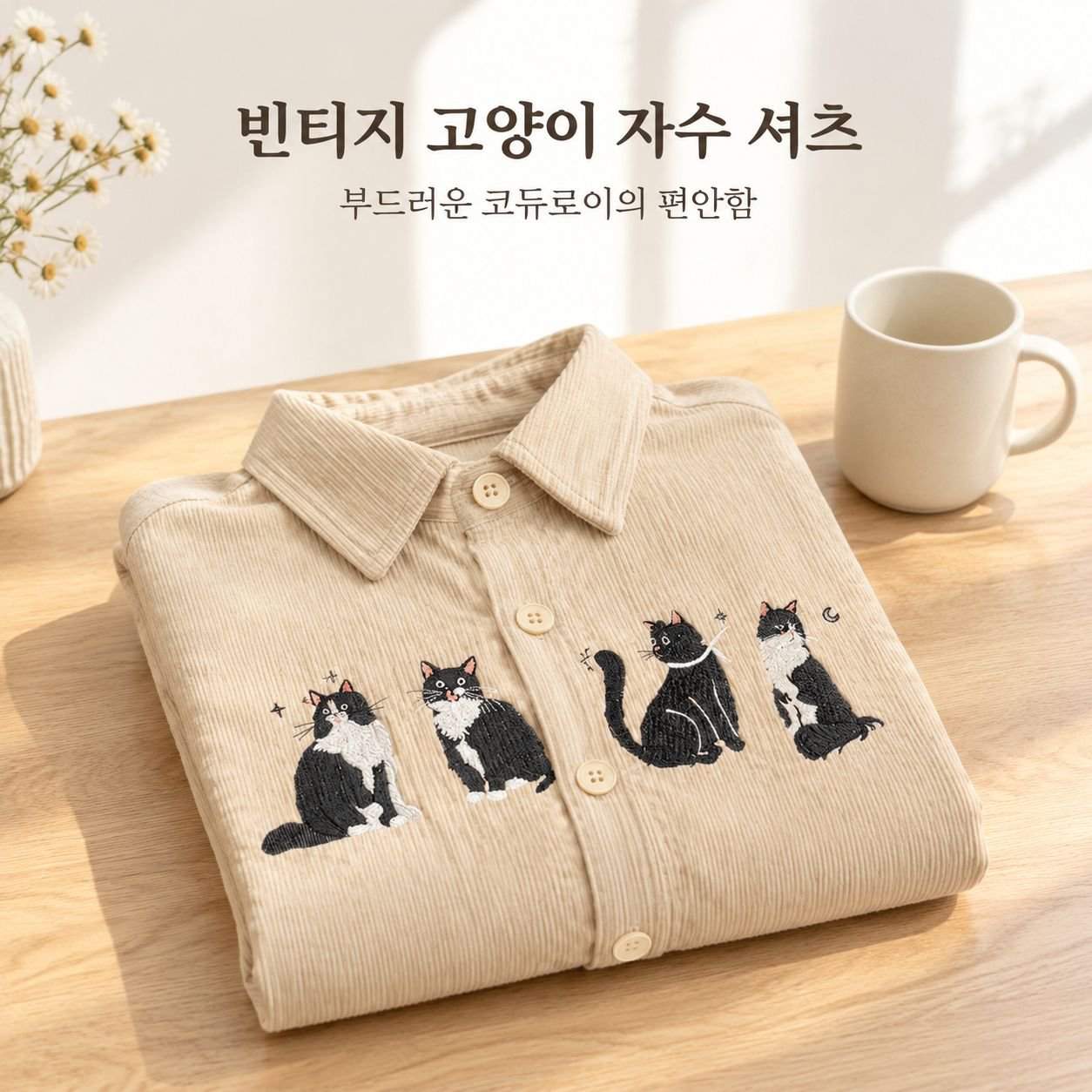 가을겨울 미국 빈티지 루즈핏 재미있는 고양이 자수 코듀로이 긴팔 셔츠