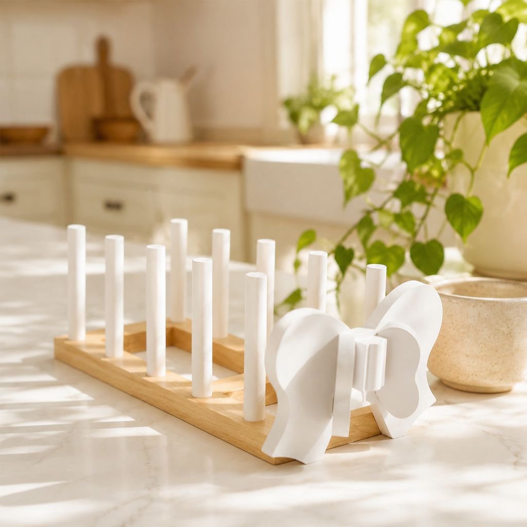 Multifunctional wooden kitchen rack holding bowls and plates