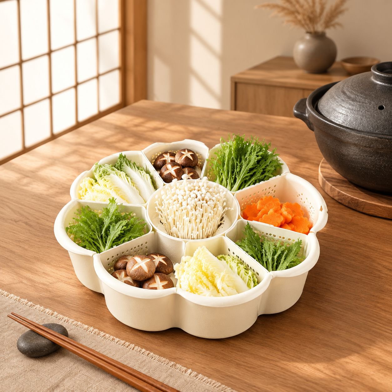 仕切り付き回転式ホットポット野菜皿、二層構造の特殊プラスチック製多機能丸型サイドディッシュプレート（家庭や集まりに最適）
