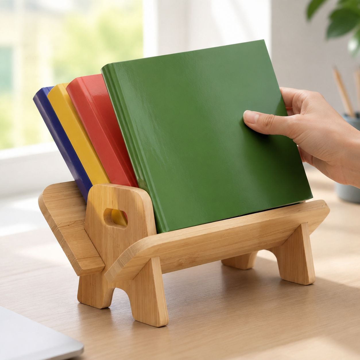 Close-up of wooden bookshelf organizer holding books
