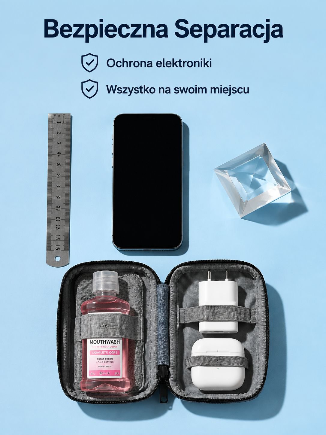 Wielofunkcyjna saszetka na płyn do płukania ust i akcesoria cyfrowe