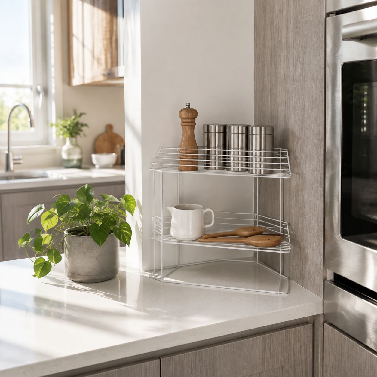Corner shelf organizer for decluttering desktops