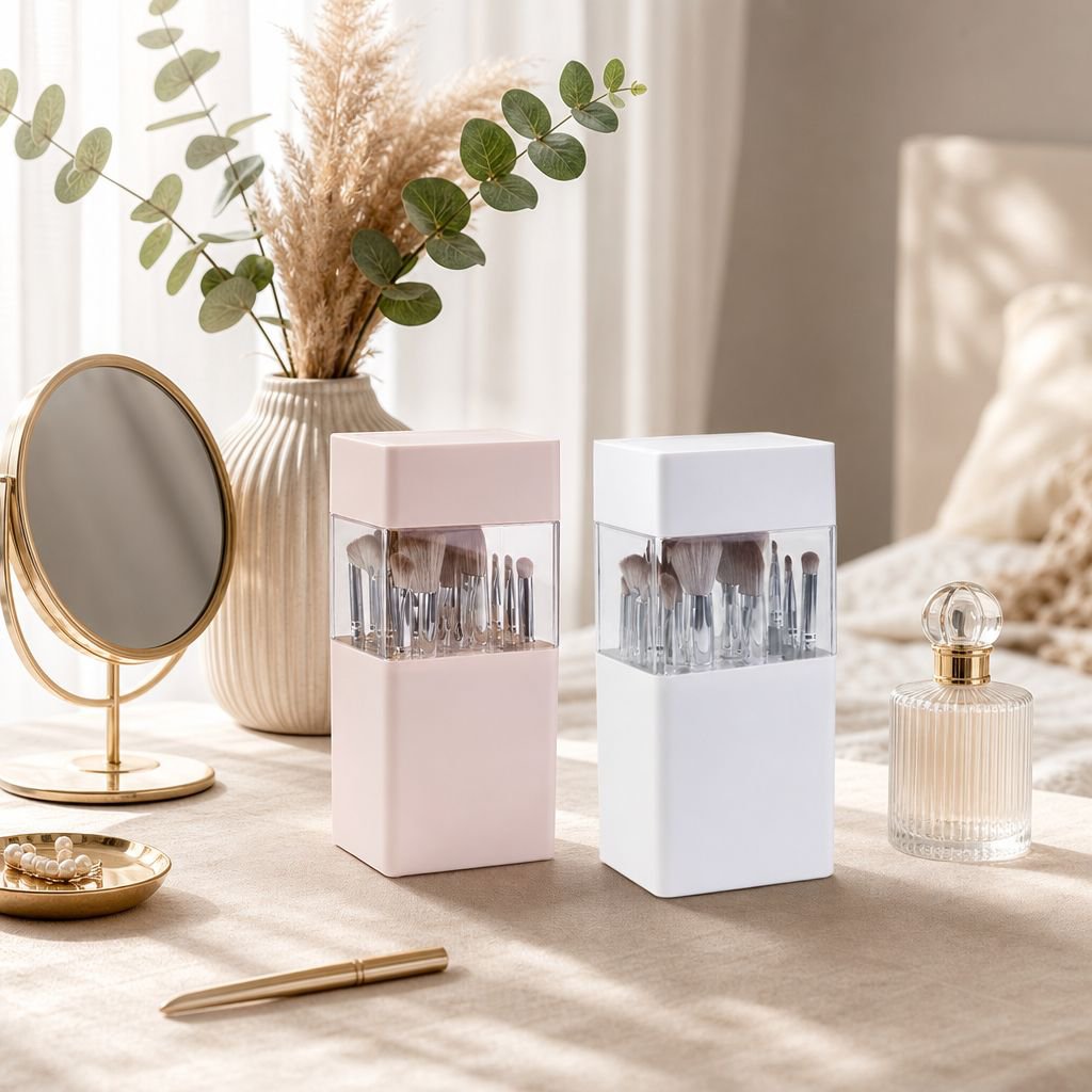 Estuche portátil a prueba de polvo para brochas de maquillaje cerrado