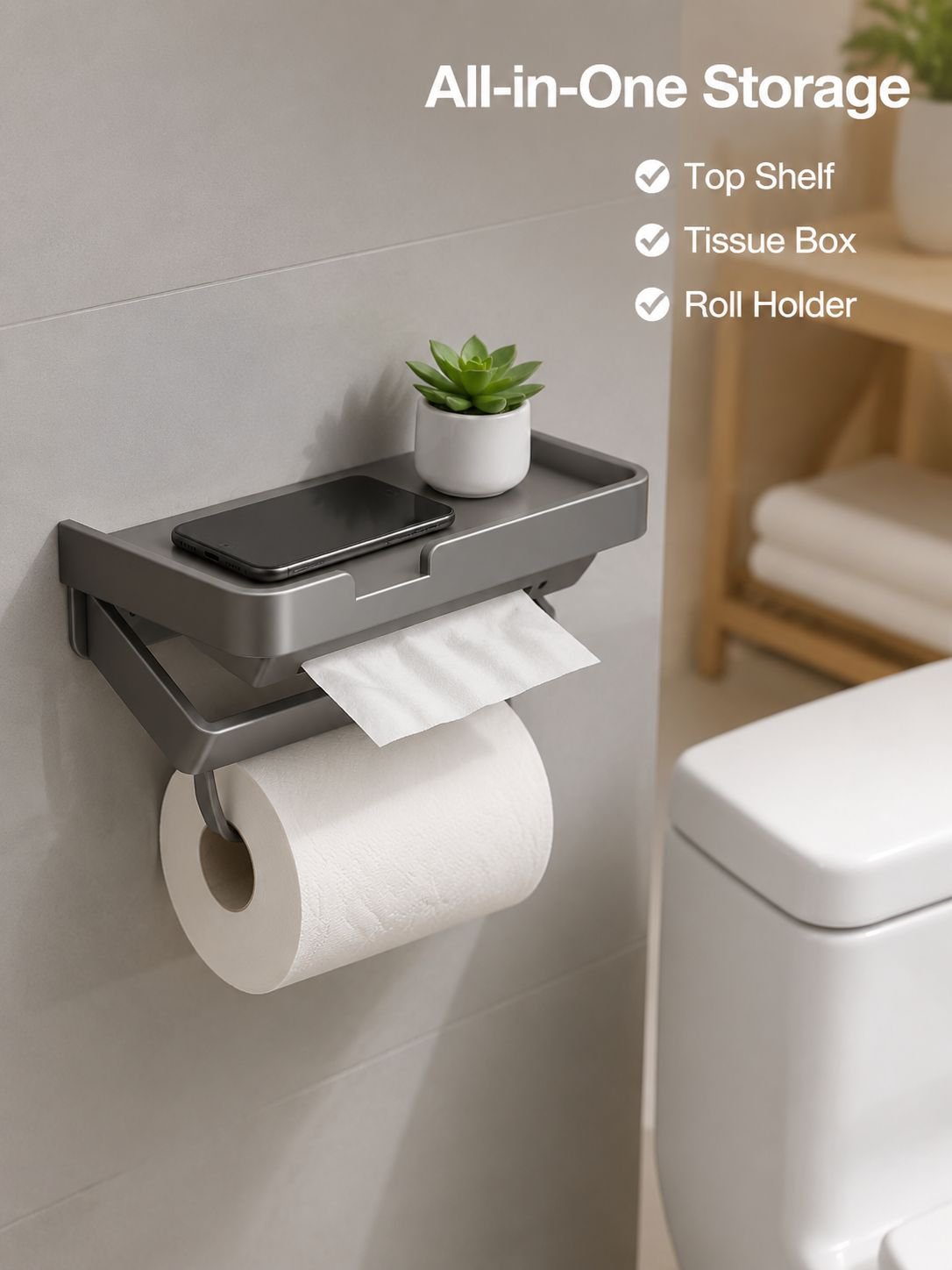 Bathroom tissue box, no-drill bathroom shelf, phone holder, toilet paper holder