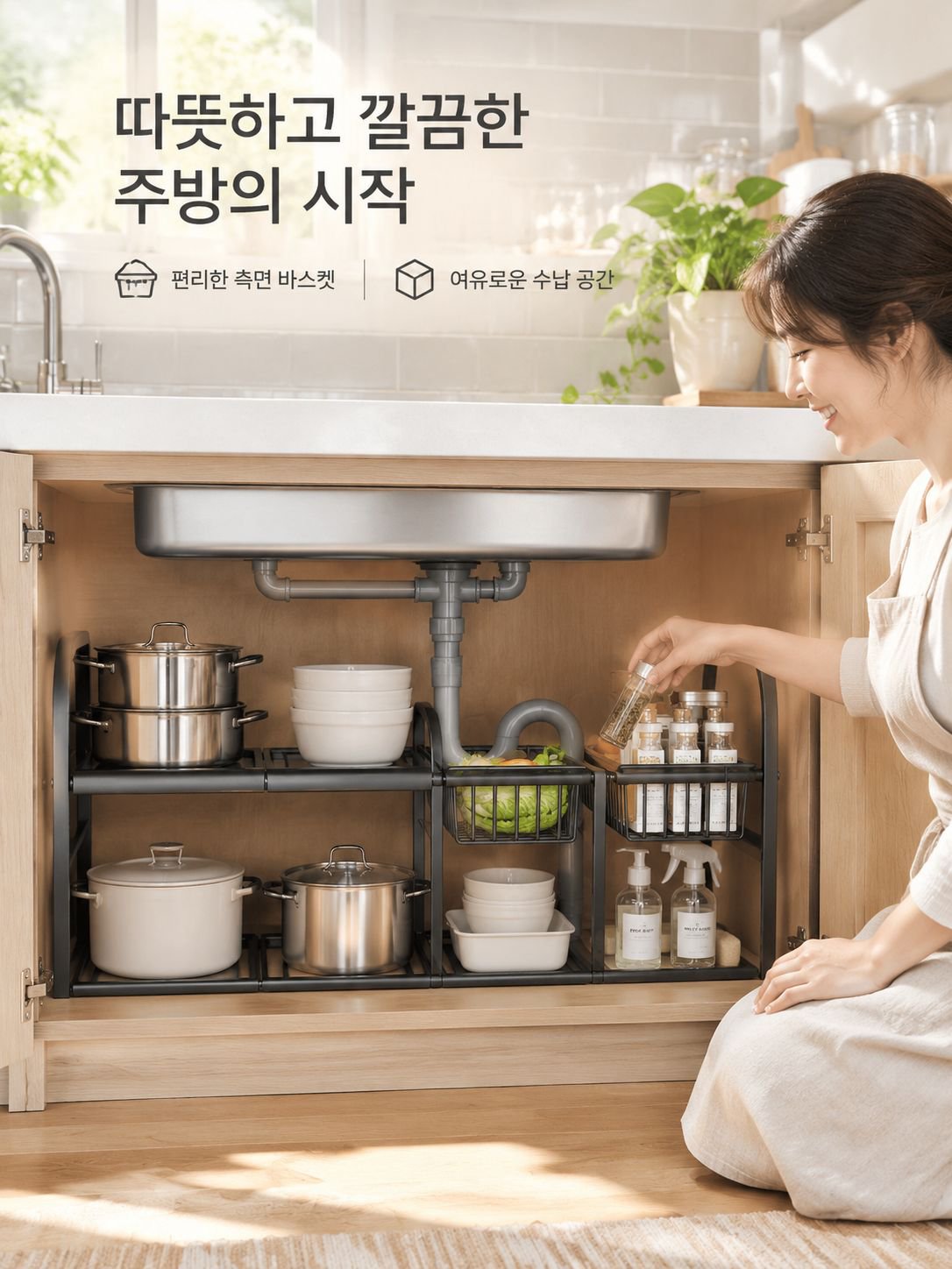 신축 가능한 싱크대 하부장 정리선반