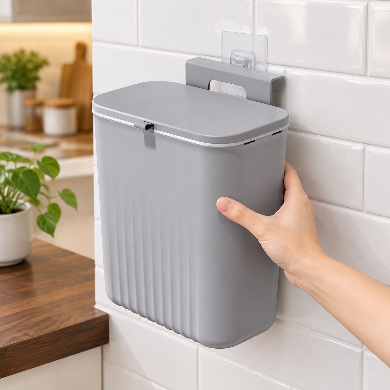 Close-up of the sliding lid mechanism of the waste bin