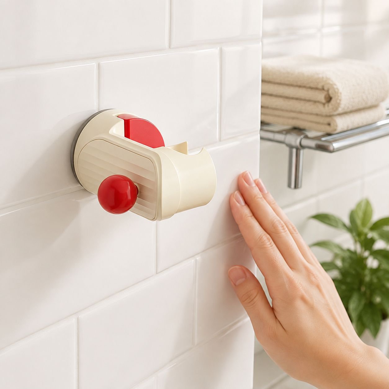 Adjustable suction cup shower head bracket mounted on bathroom tile