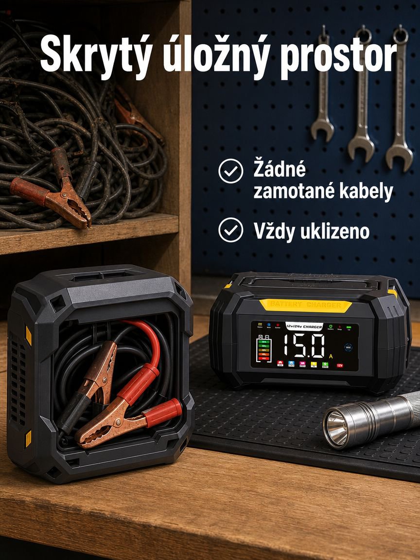 Přenosná 12V nabíječka s ukrytým kabelem, univerzální pro olověné a LiFePO4 autobaterie