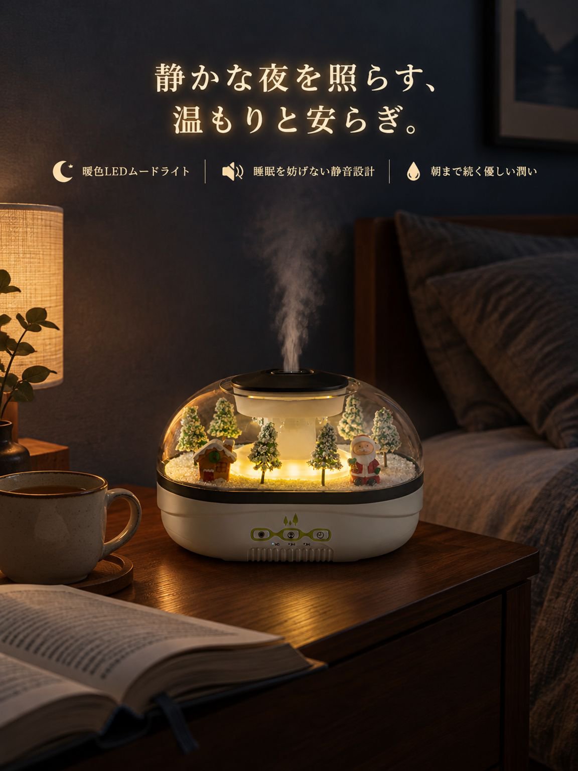 雨粒デザイン 超音波アロマ加湿器 USB静音タイプ 精油対応 ムードライト付き