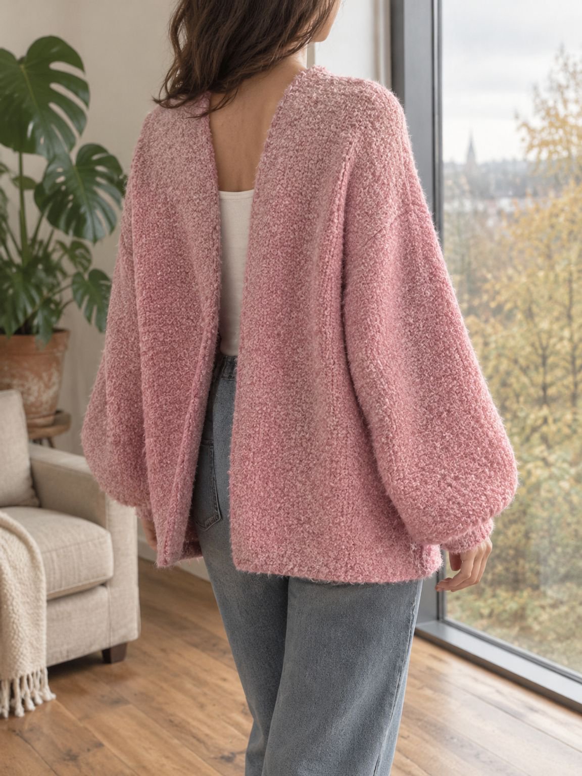 Women's open front V-neck lantern sleeve knit cardigan