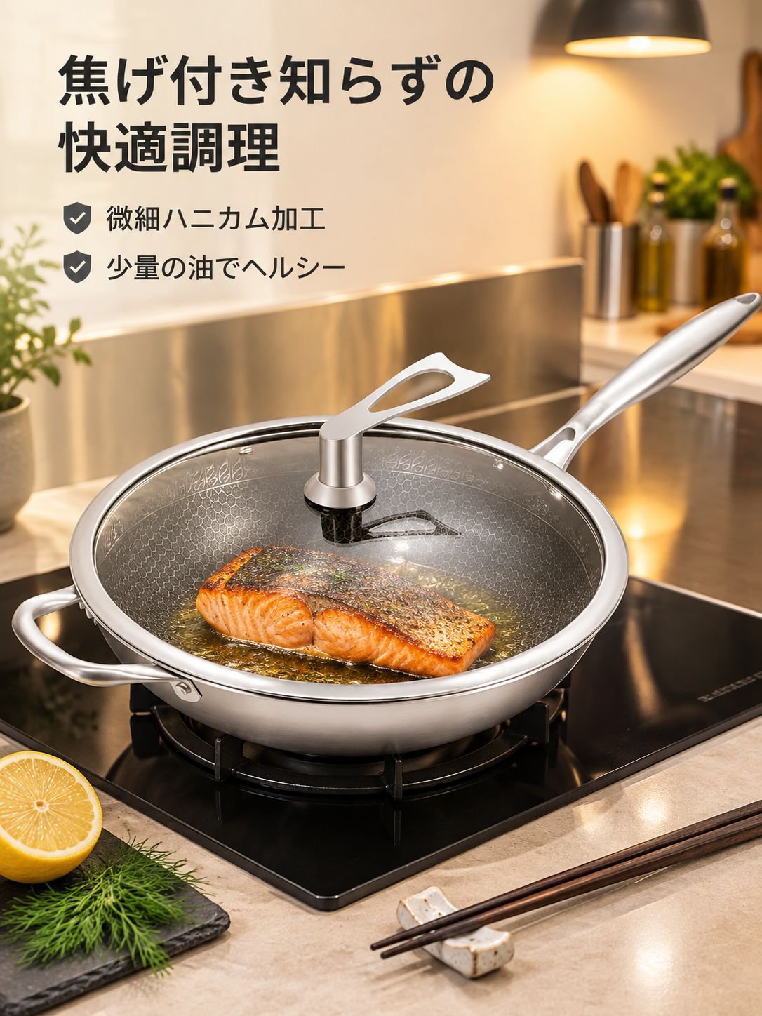 304ステンレス鋼製ハニカム構造のこびりつきにくい中華鍋、IH調理器対応