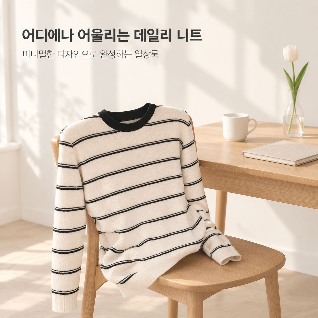 가을 한국 스타일 패션 라운드 넥 풀오버 니트, 배색 스트라이프 슬림핏 긴팔