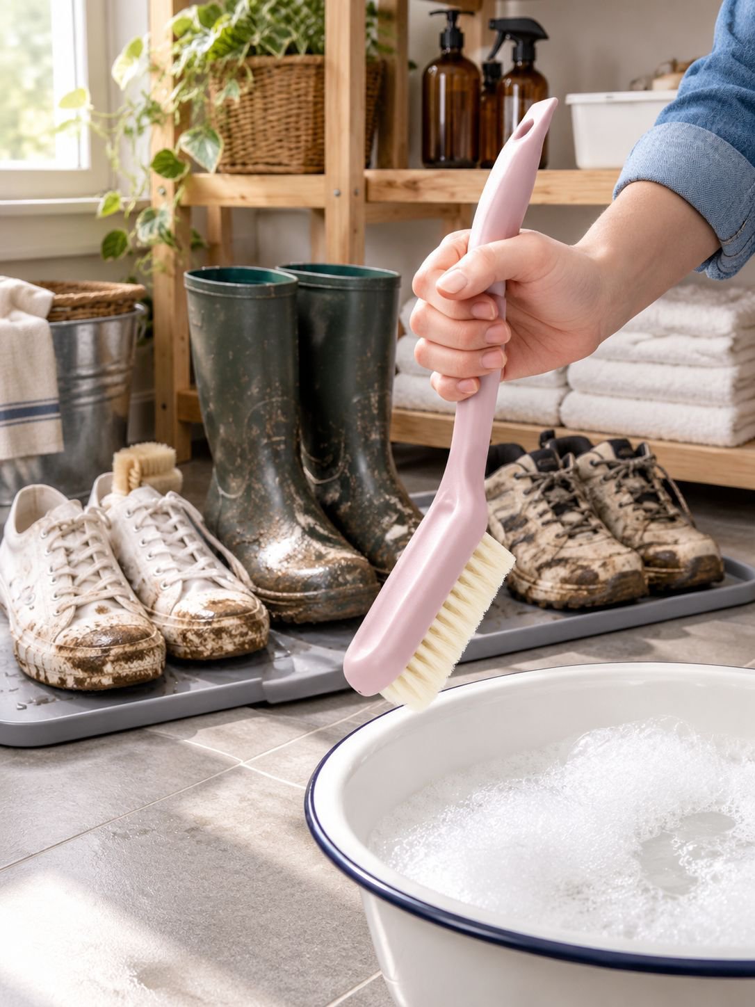 Long handled brush for bathtub cleaning