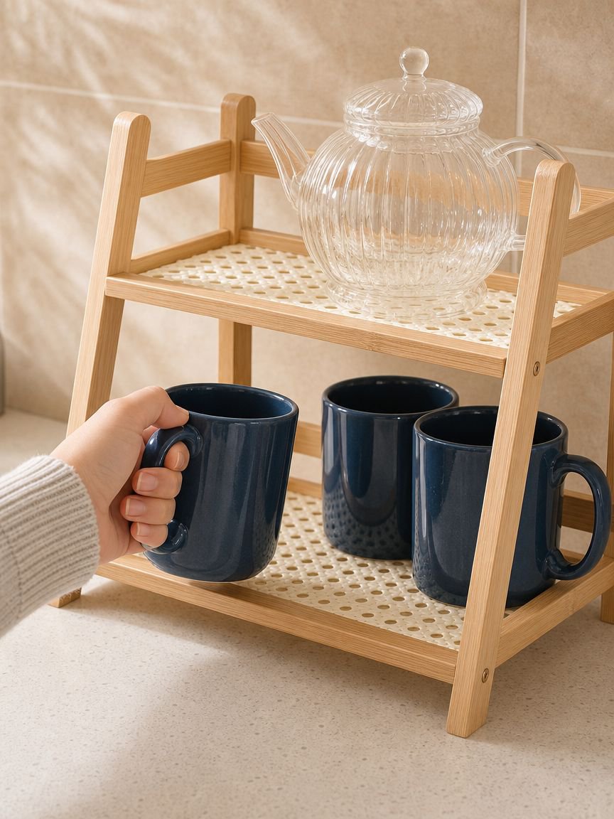 Plastic rattan tabletop bookshelf in cream color
