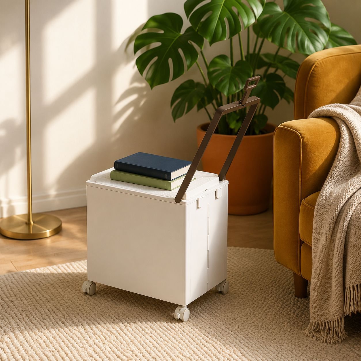Portable under-desk trolley with wheels and lid for storing books, snacks, and other items; a foldab