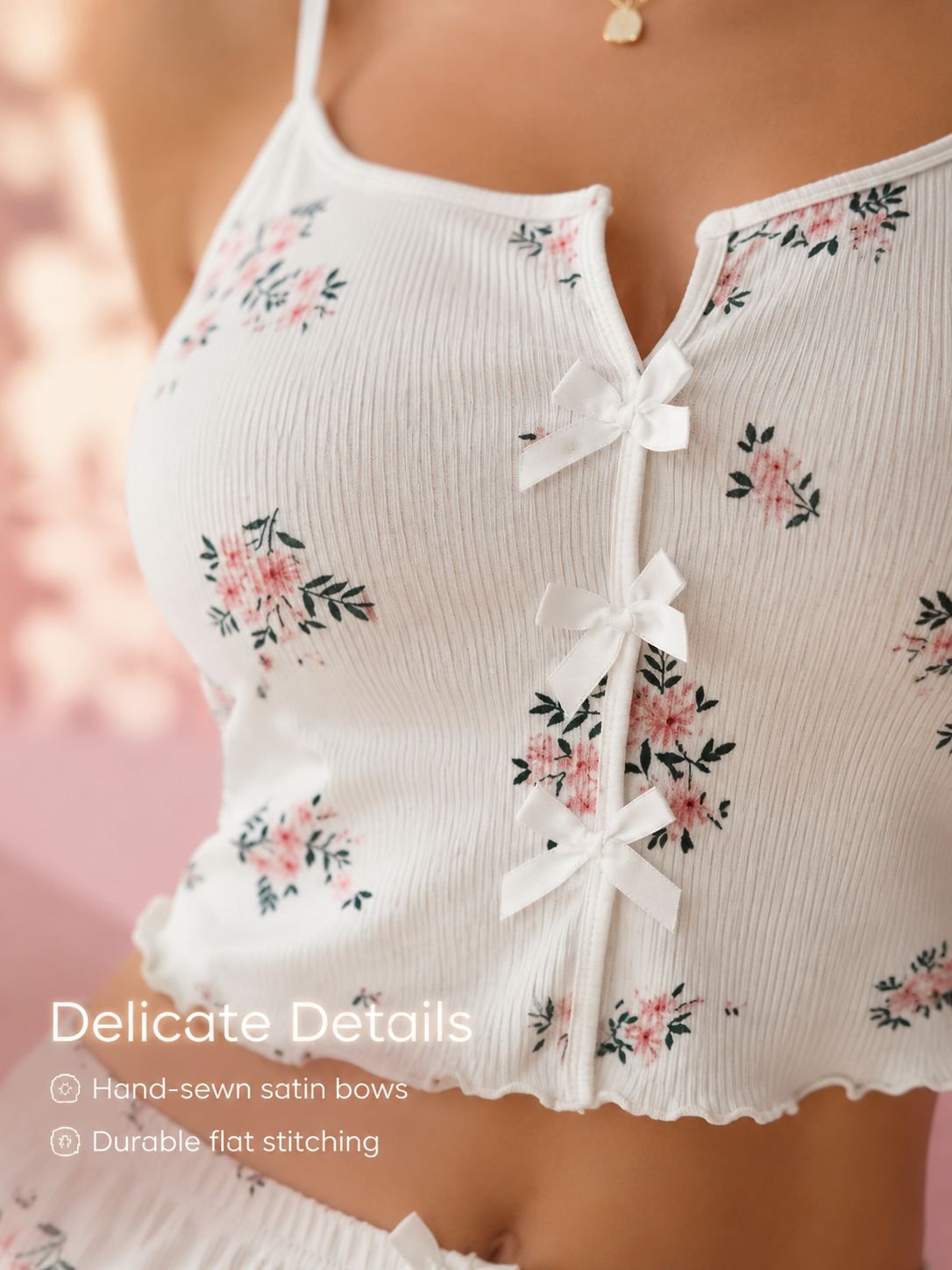European and American printed design floral bow-front short pants pajama set for bedroom wear