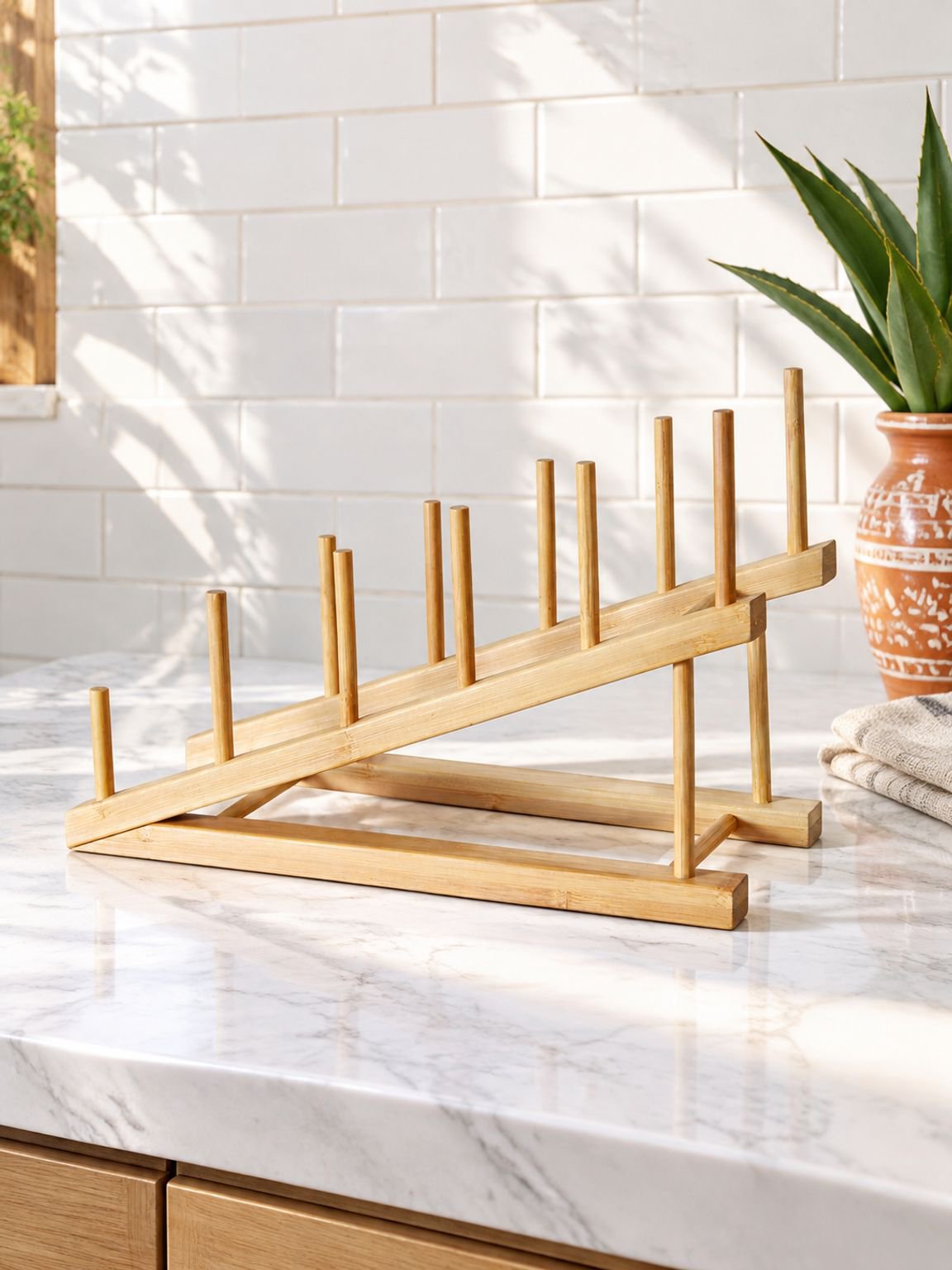 Escurridor y Organizador de Platos de Bambú para Cocina