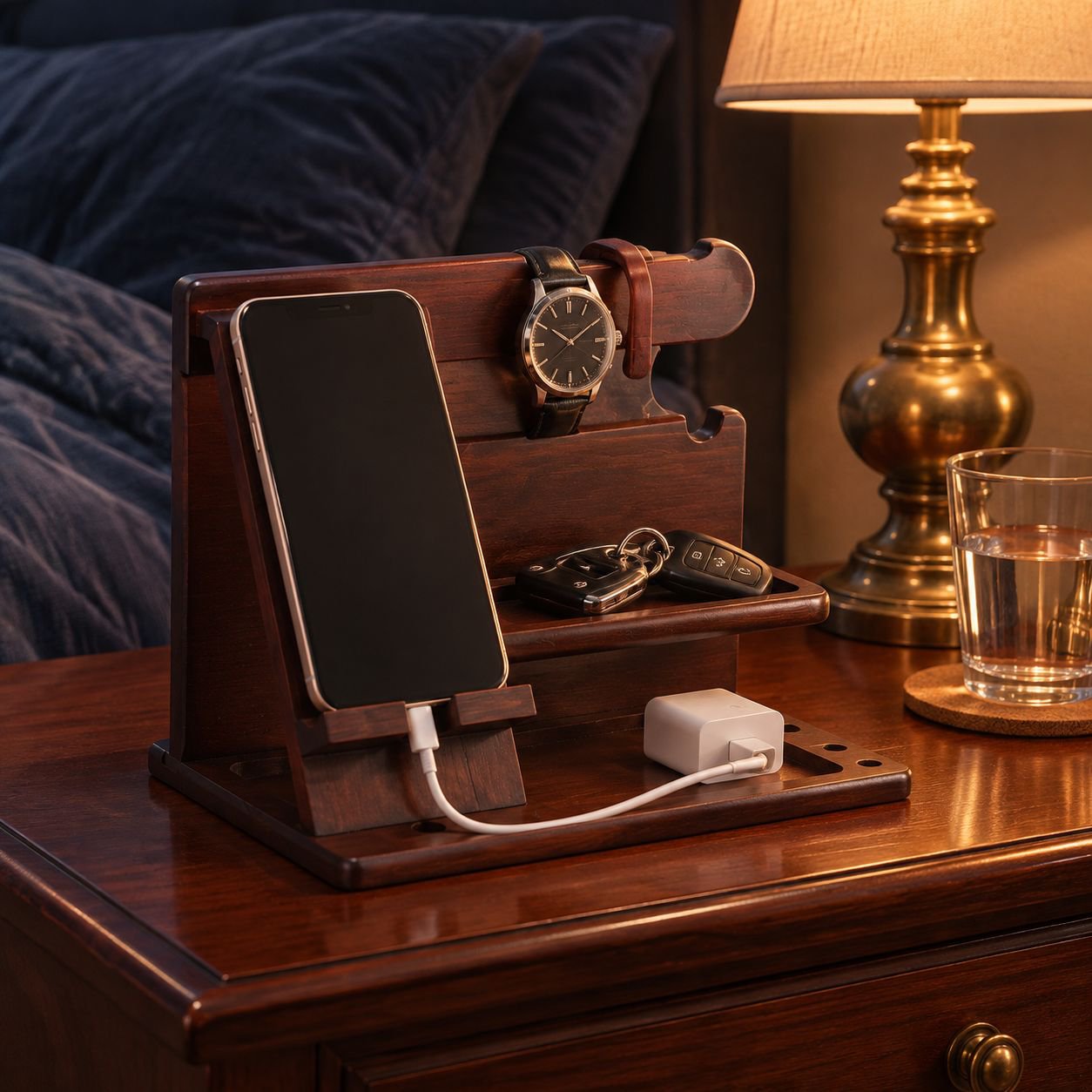 Office Desktop Solid Wood Phone Stand Key & Watch Storage Organizer