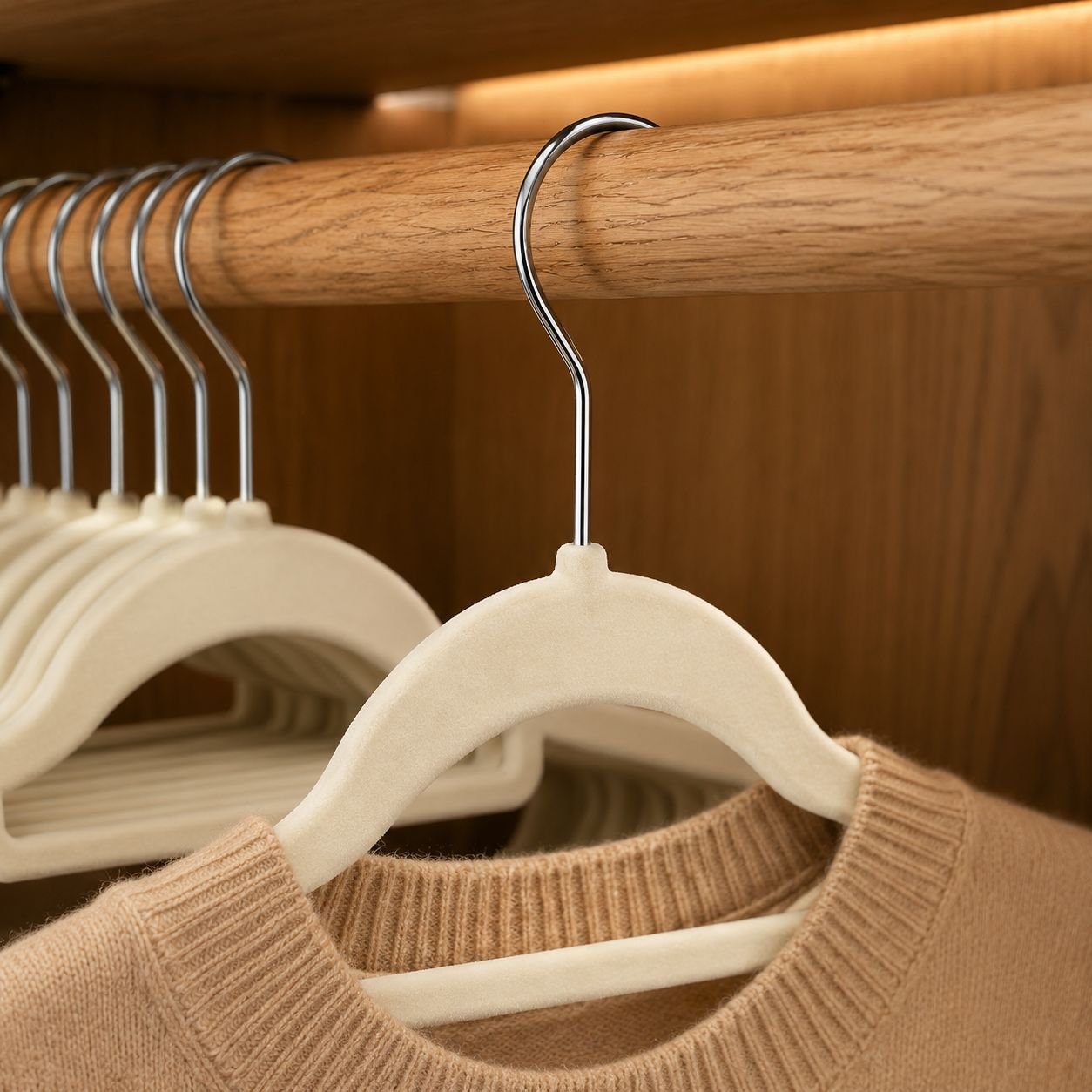 Closet organization with non-slip velvet hangers