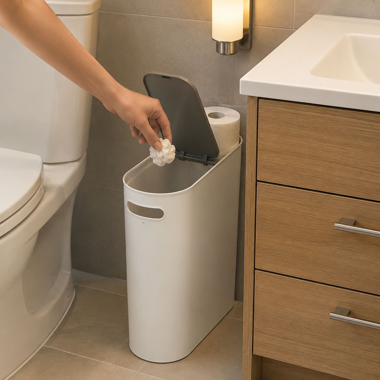 Push lid slim trash can for small rooms